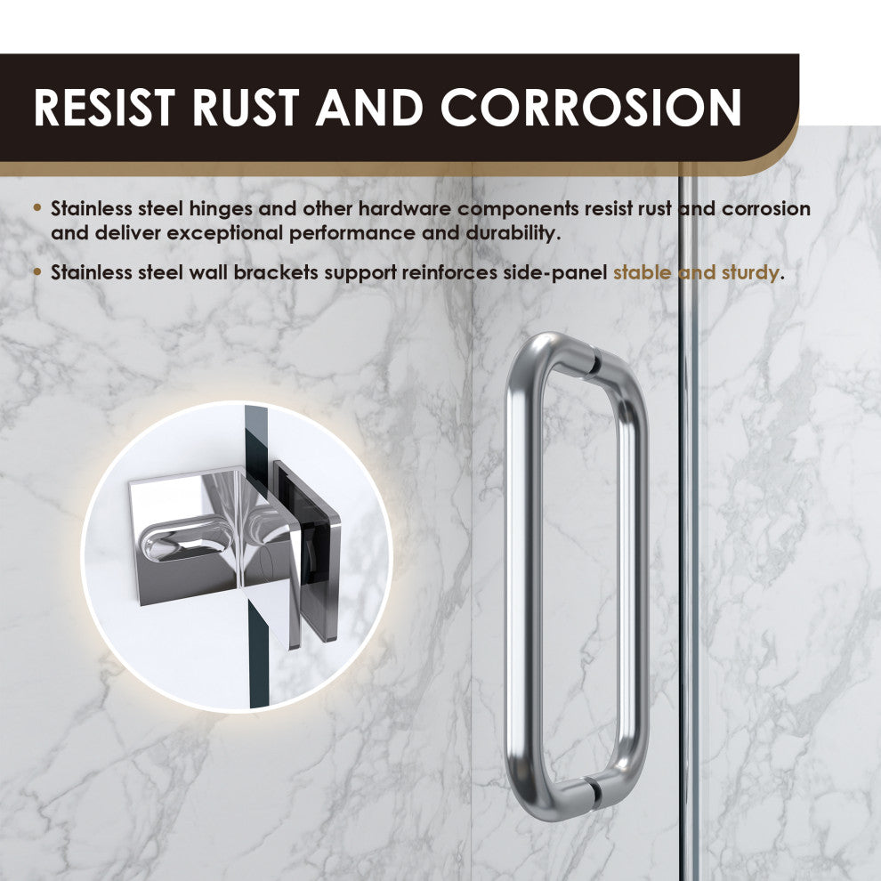 Roisin Frameless Hinged Shower Door, Clear Glass, Polished Chrome, 52"wx74"h