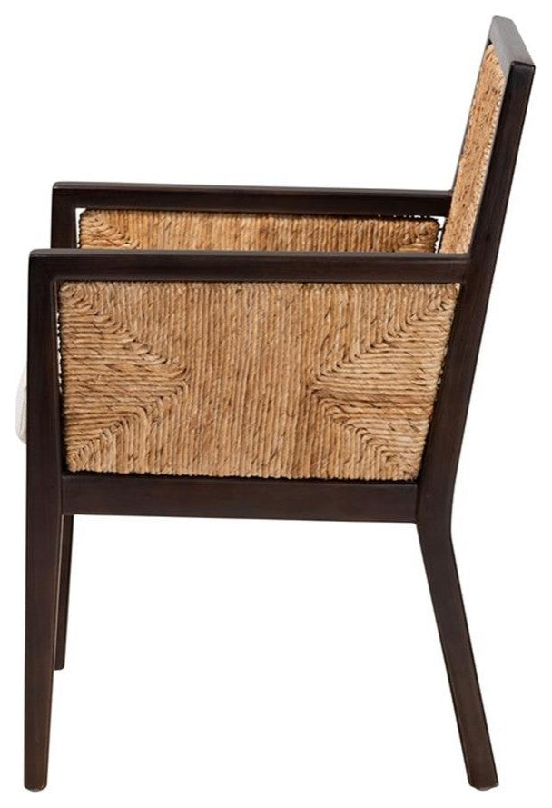 Joana Bohemian Dark Brown Mahogany Wood and Natural Abaca Dining Arm Chair