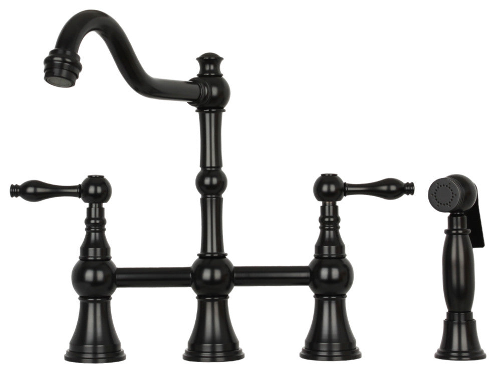Two-Handles Copper Bridge Kitchen Faucet with Side Sprayer, Matte Black