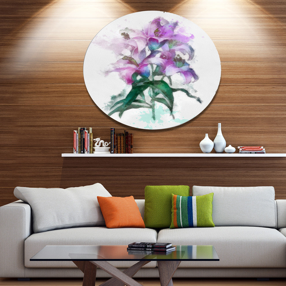 Purple Lilies Illustration Drawing, Floral Round Metal Wall Art, 36"