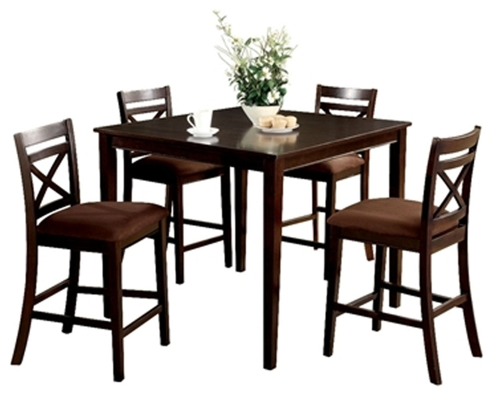 5 Piece Wooden Counter Height Table With Crossback Chairs, Espresso Brown