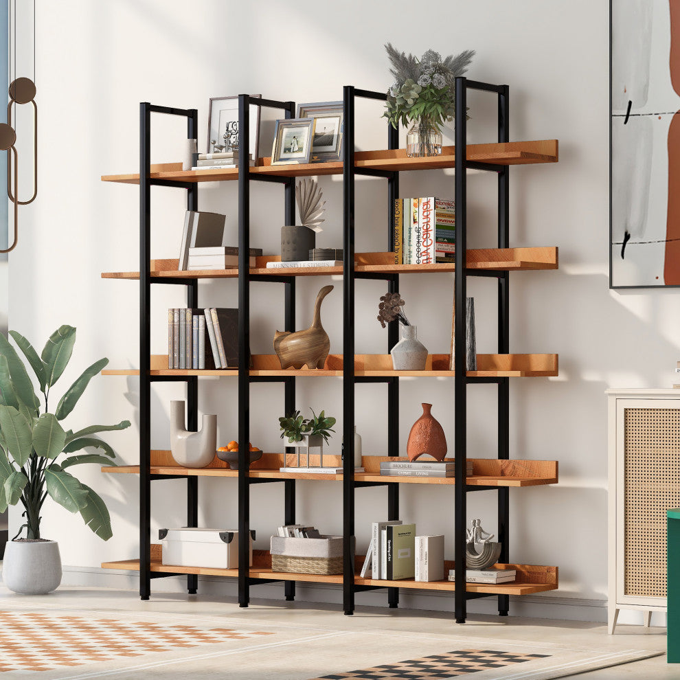 TATEUS Bookcase Home Office Bookshelf, Vintage Industrial Style Shelf 5 tier, Black/Brown