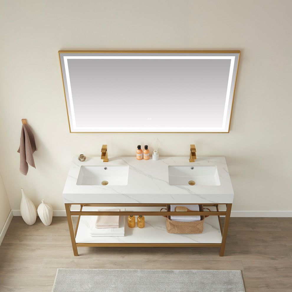 Funes Bath Vanity without Mirror, Brushed Gold Hardware, 60" Double Sink, White Stone Top