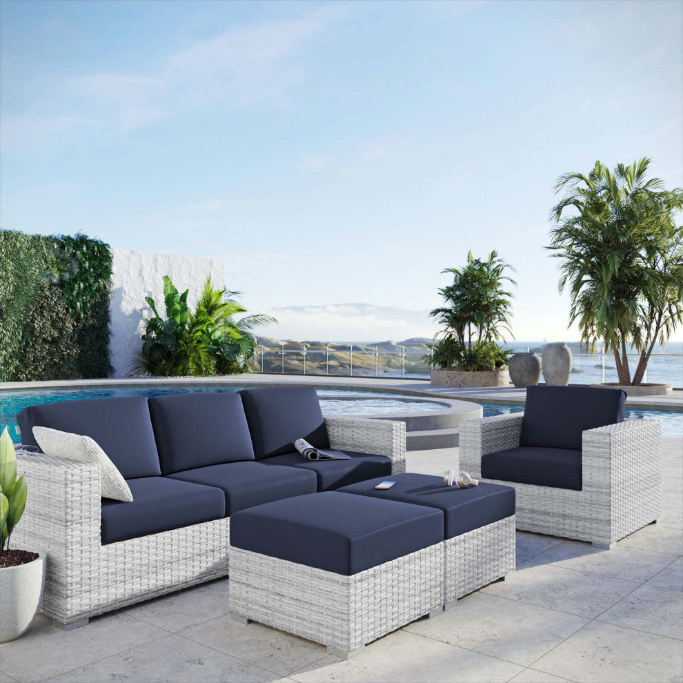 Lounge Sectional Sofa Chair Set, Rattan, Wicker, Gray Blue Navy, Outdoor