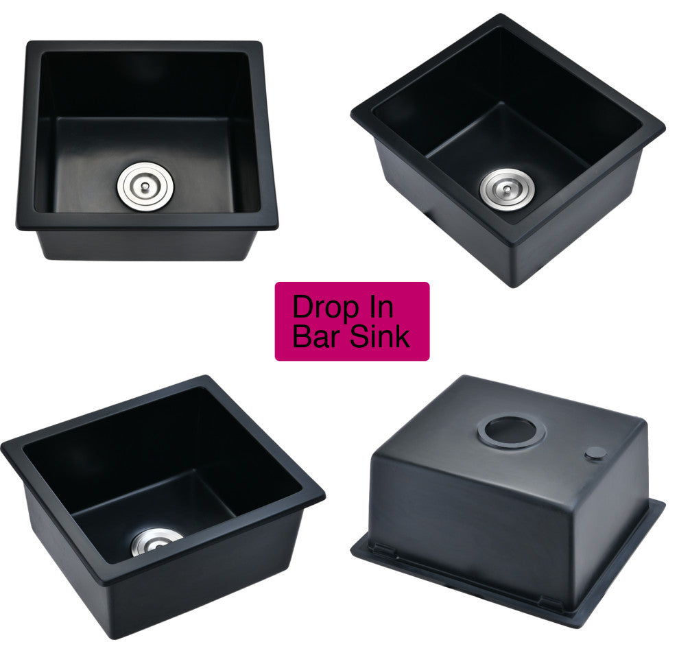 18"Lx16" W Quartz Bar Sink with Basket Strainer Matte Black