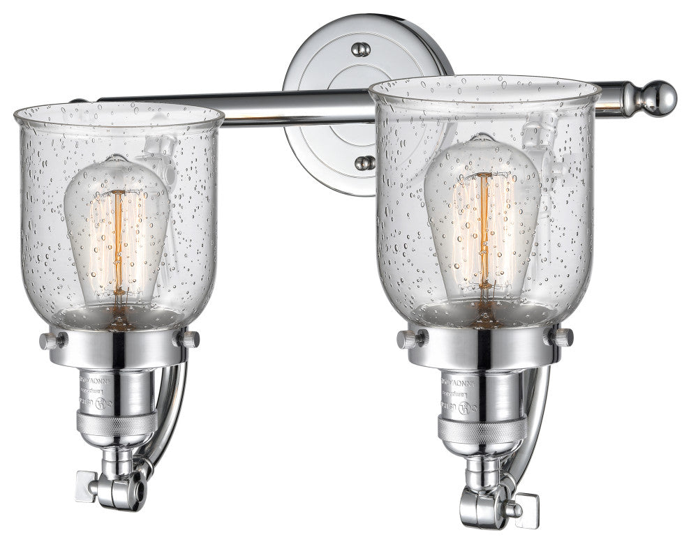 2-Light Small Bell 18" Bath Fixture, Polished Chrome, Glass: Seedy