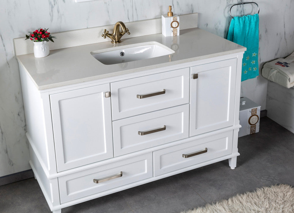 Nera Collection 48" Bath Vanity Quartz Top and Ceramic Sink, White, 48"