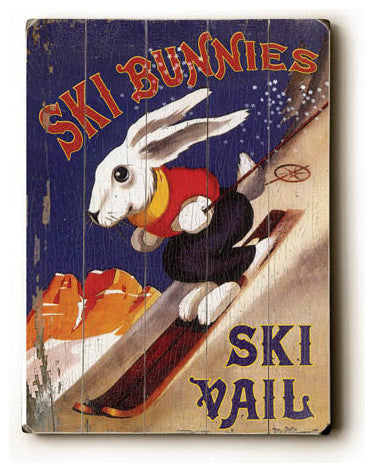 "Vintage Ski Bunnies", Planked Wood Wall Decor By Posters Please, 14"x20"