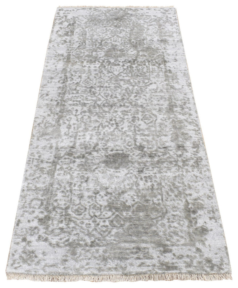 Gray Hand Knotted Wool and Silk Erased Persian Design Runner Rug 2'7" x 6'