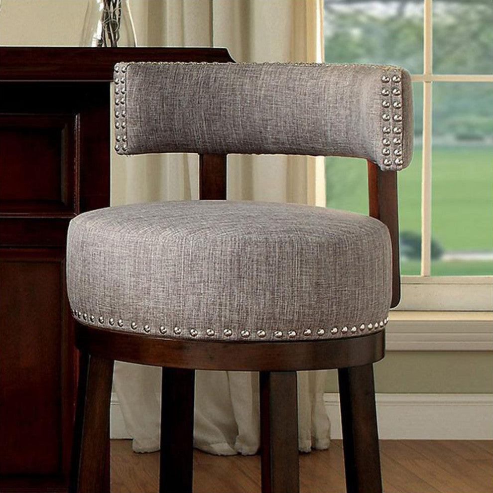 Set of 2 Fabric and Solid Wood Bar Stool, Dark Oak, Light Gray