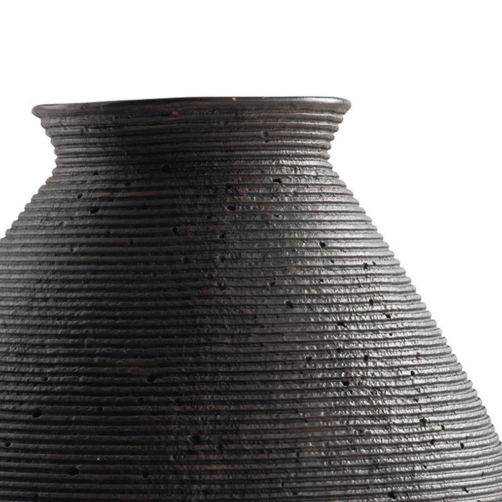 Benzara BM283063 17" Polyresin Vase, Tightly Ribbed Texture, Antique Brown