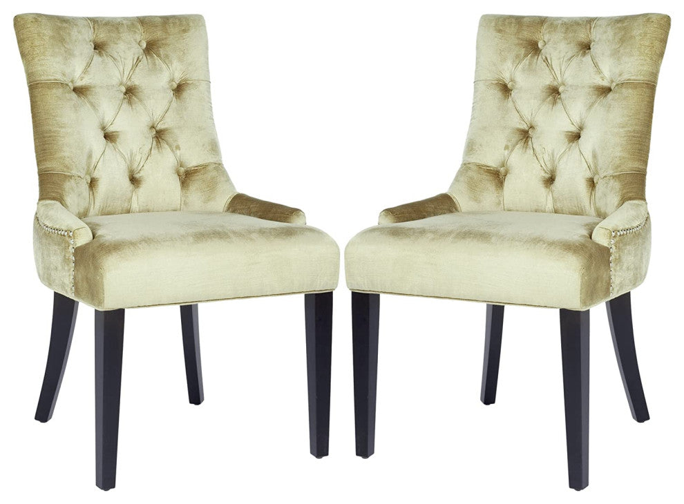 Set of 2 Dining Chair, Black Birch Wood Legs With Antique Sage Gold Linen Seat