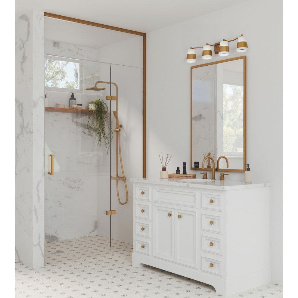 Haven Collection Four-Light Vintage Brass Opal Glass Luxe Industrial Bath Light