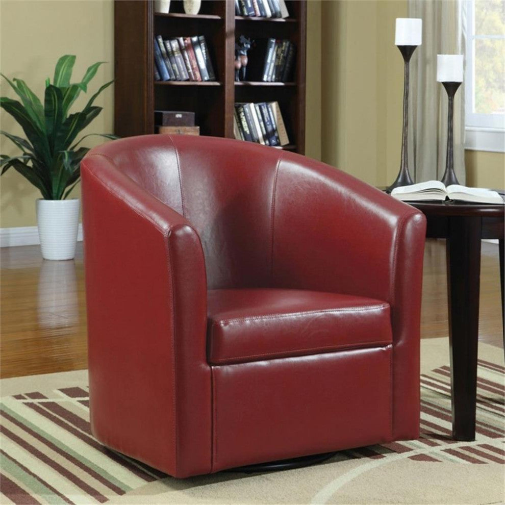 Coaster Contemporary Faux Leather Swivel Barrel Back Accent Chair in Red