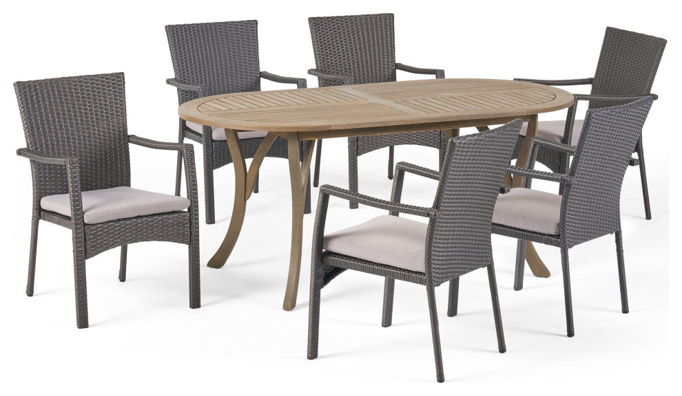GDF Studio 7-Piece Dallas Outdoor Wood and Wicker Dining Set, Gray/Gray/Gray