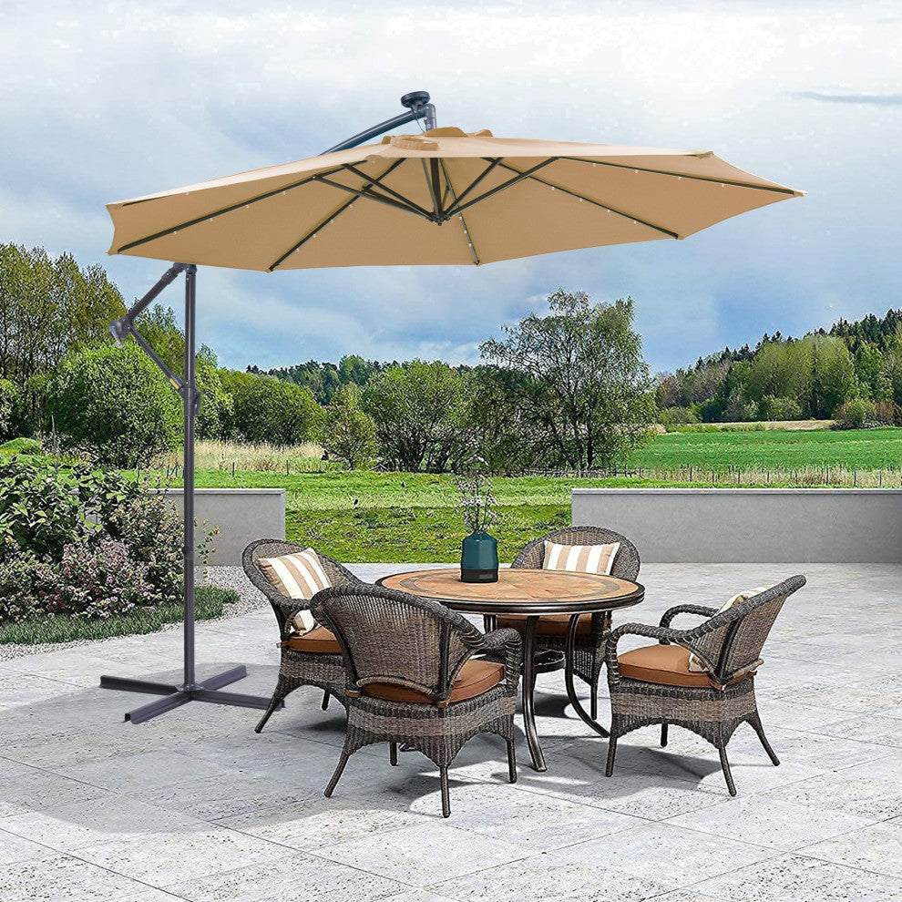 10' Steel Patio Hanging Cantilever Umbrella With 32 Solar LED Lights, Taupe