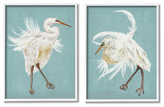 Dancing Heron Birds White Feathers over Blue,2pc, each 16 x 20