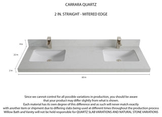 Parker 60 Double Sink Bathroom Vanity in White 2" Carrara Quartz