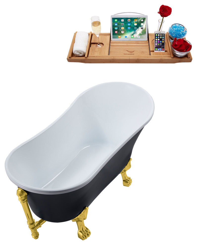 63" Streamline N353GLD-GLD Soaking Clawfoot Tub and Tray With External Drain