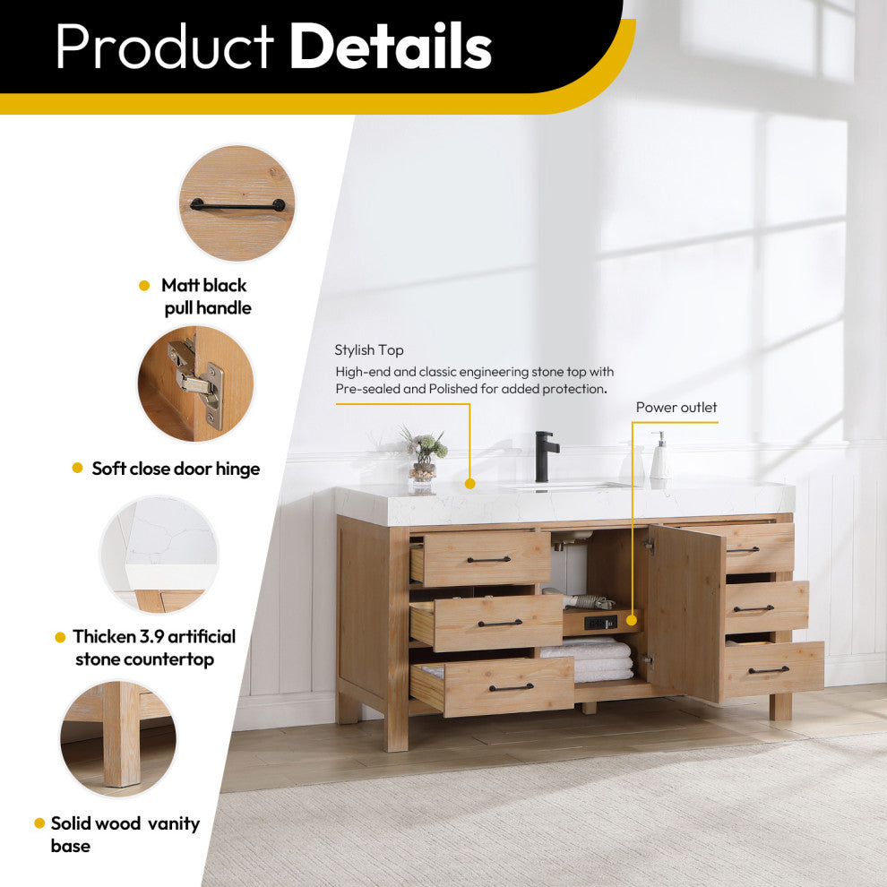 Leon Bath Vanity With Composite Stone Top, Fir Wood Brown, 60" Single Sink, No Mirror