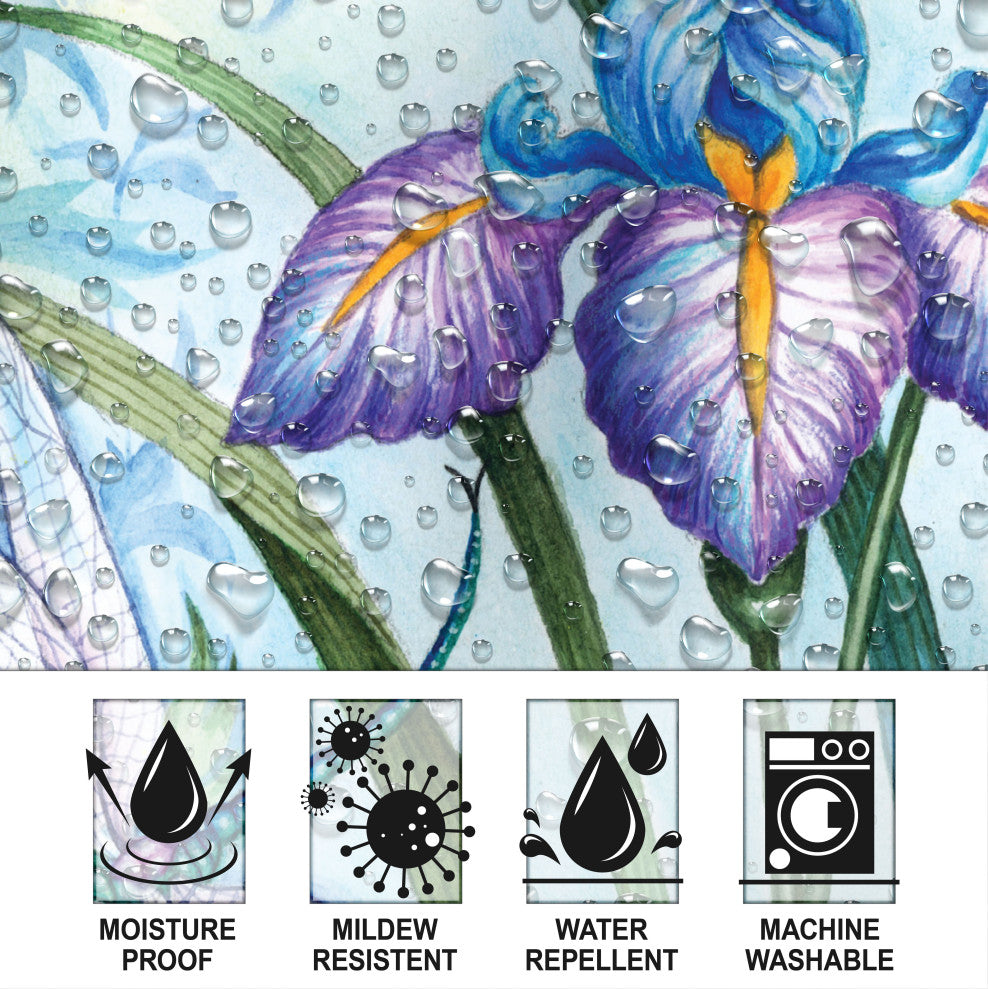 Iris Beauty Floral Shower Curtain, 72" x 72", Blue Dragonflies