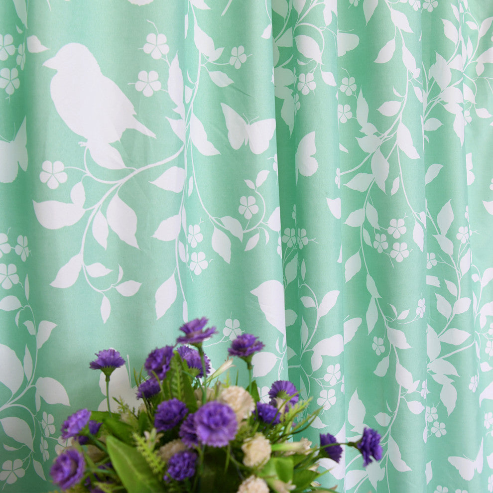 Printed Microfiber Birdsong Curtains, Set of 2, Teal