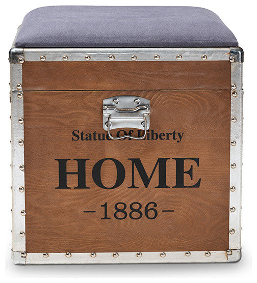 Violetta Vintage Industrial Light Gray Upholstered Storage Trunk Ottoman