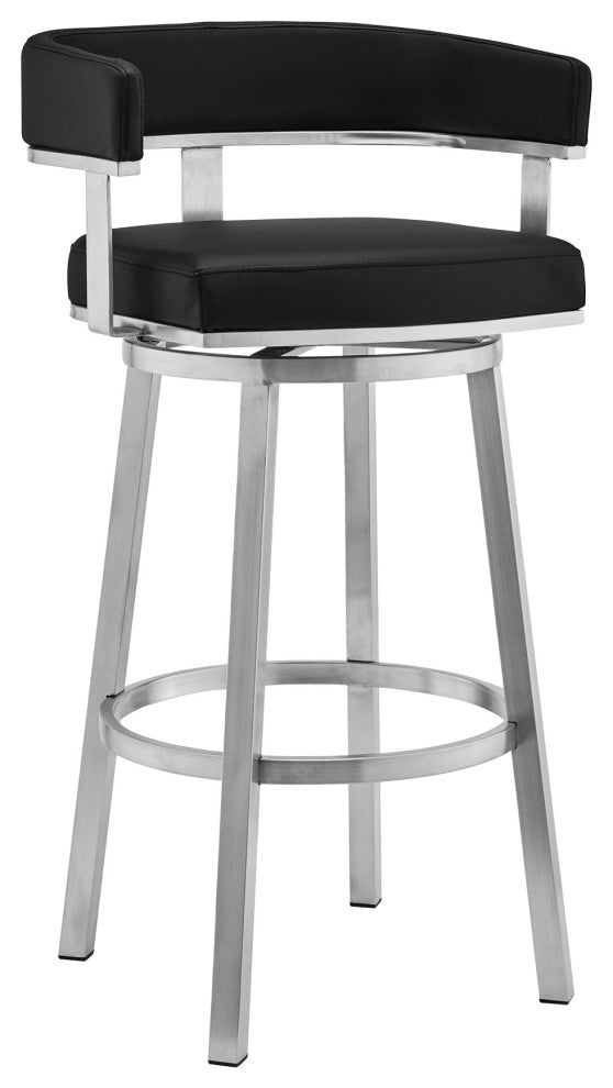 Cohen 26" Black Faux Leather and Brushed Stainless Steel Swivel Bar Stool