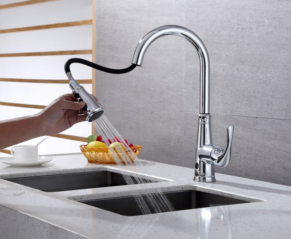 Runfine Hands Free Single-Handle Pull down Sprayer Kitchen Faucet Chrome