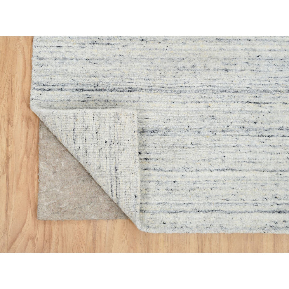 Ivory, Hand Loomed Plain Modern Striped Design, Wool Runner Rug, 2'6"x11'10"