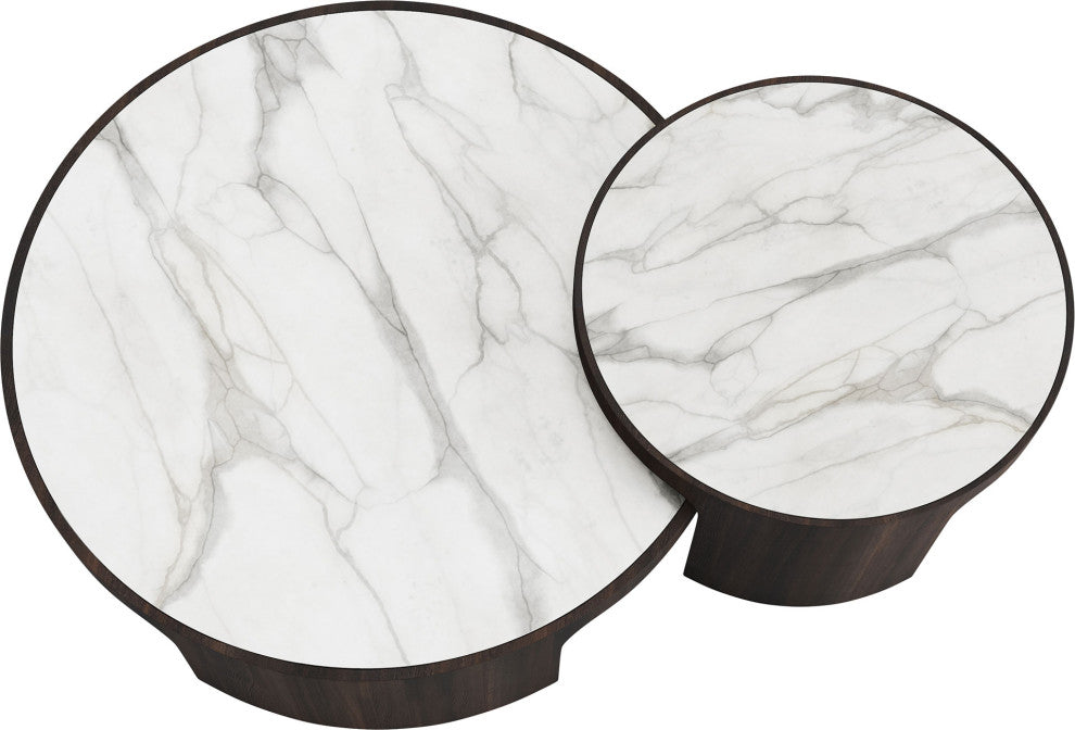 Oliver Nesting Coffee Tables, Smoked Oak and White Marble Ceramic