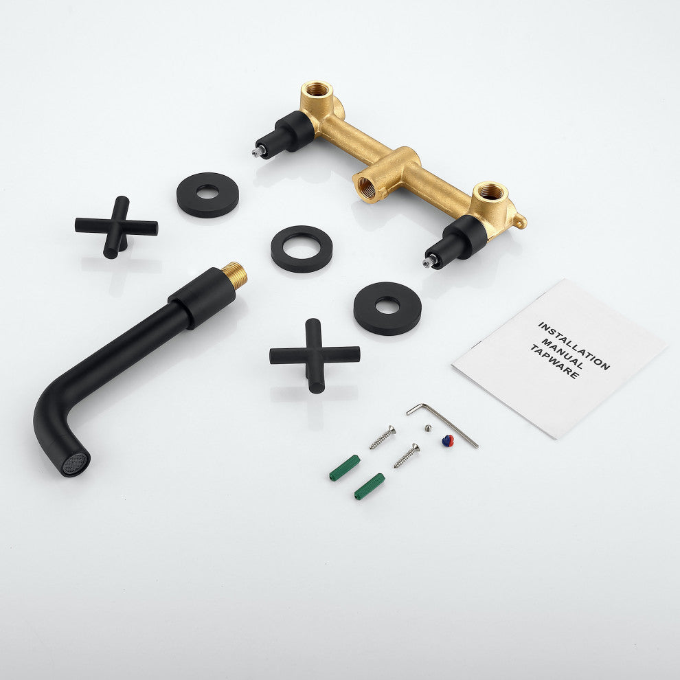 Three Holes Dual Handles Wall Mounted Bathroom Sink Faucet, Matte Black