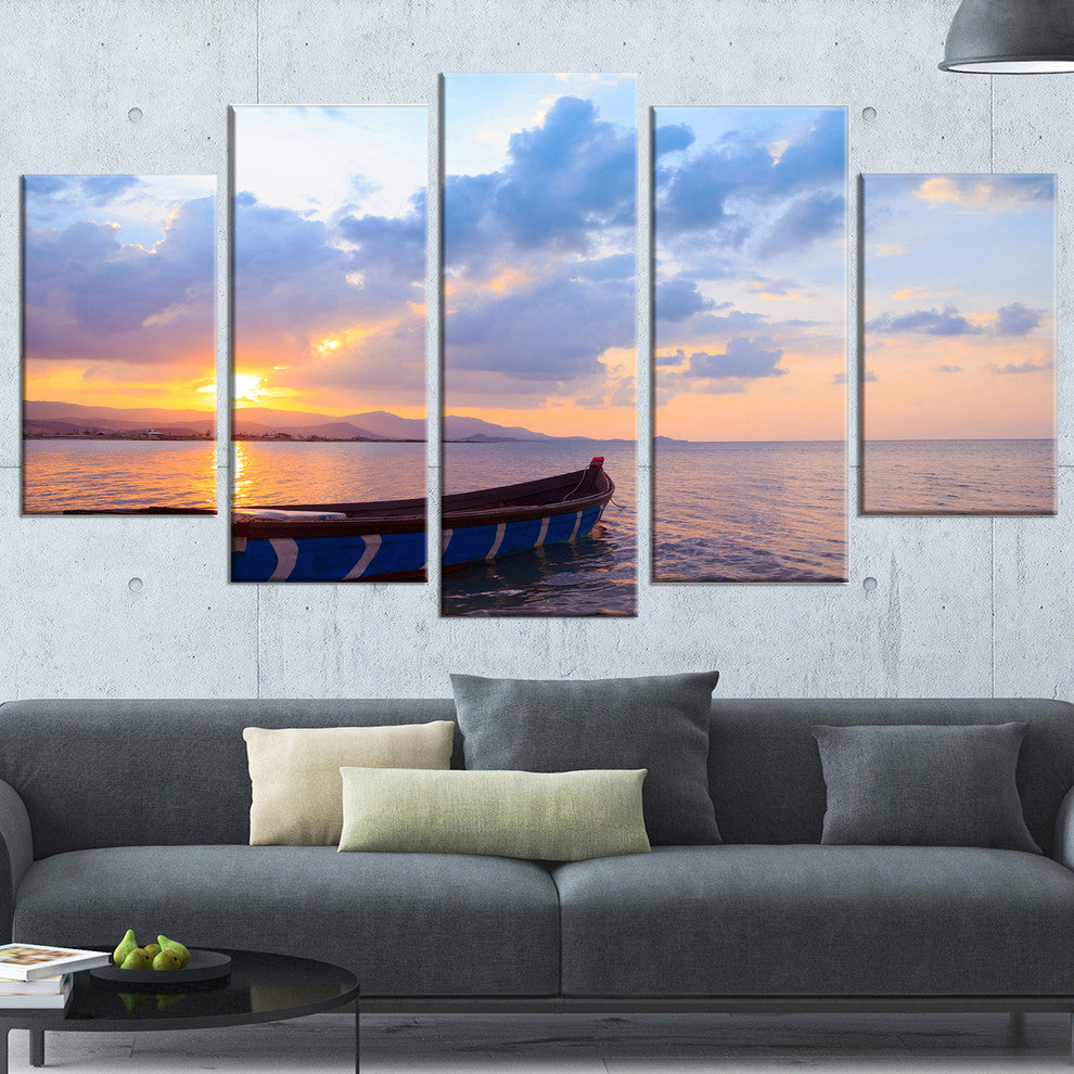 "Small Fishermen Boat At Sunset" Modern Seashore Canvas Art, 5 Panels, 60"x32"