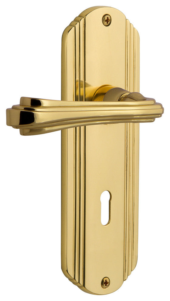 Deco Plate With Keyhole Fleur Lever, Unlacquered Brass, Left-Handed