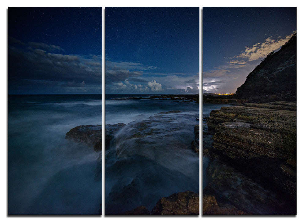 "Rocky Blue Ocean at Nighttime" Metal Wall Art, 3 Panels, 36"x28"