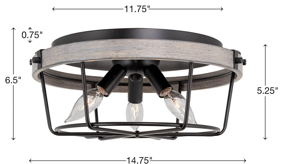 3 Light Cage Semi Flush Ceiling Lights, Vintage Wood, Ceiling Lamp Fixture
