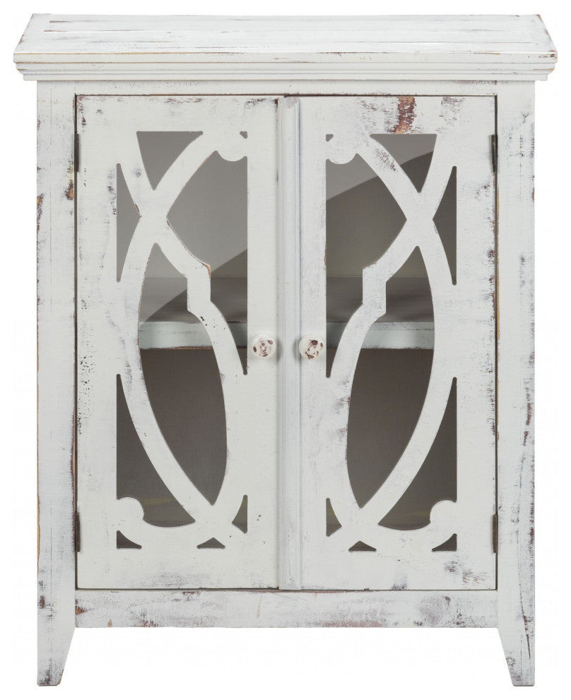 Rustic White Wood and Glass Scrollwork Accent Cabinet