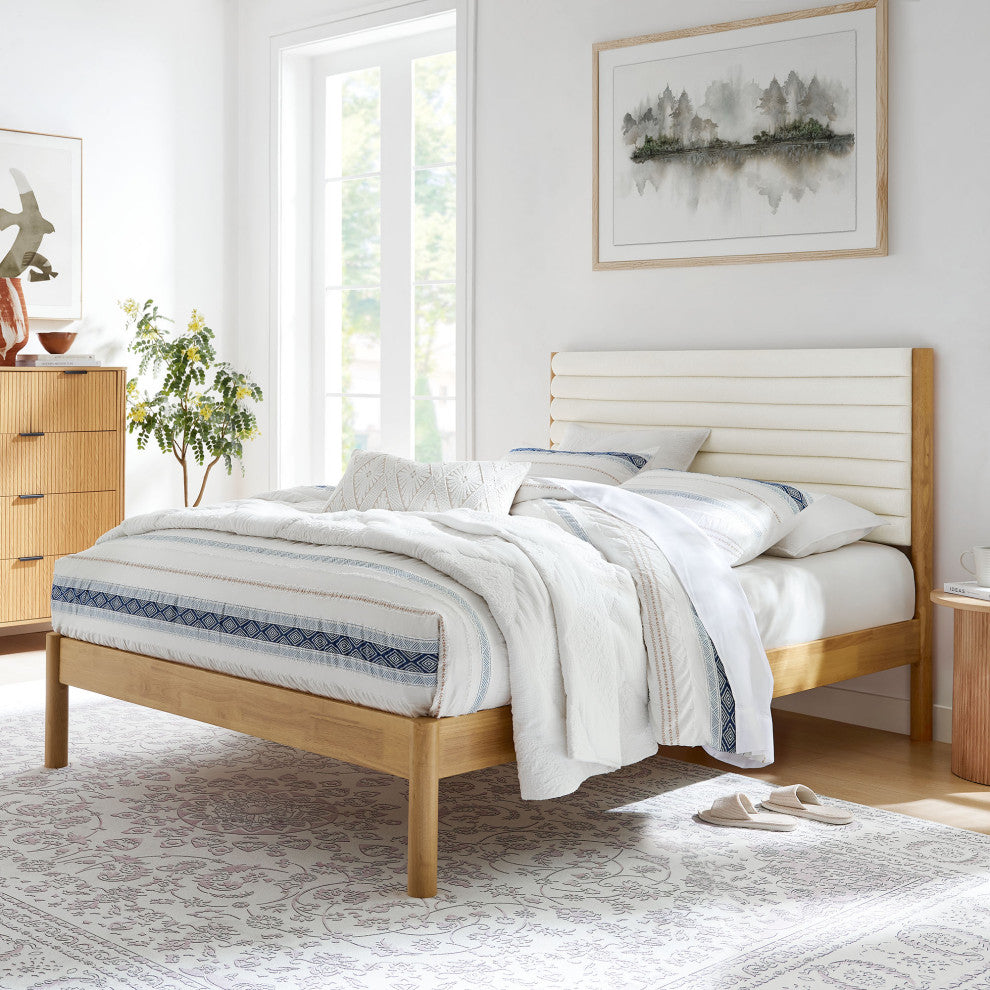 Olea Channel Tufted Boucle Solid Wood King Platform Bed, Feather Oak