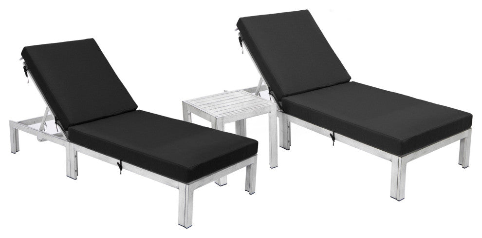 LeisureMod Chelsea Weathered Gray Chaise Lounge and Side Table Set of 2, Blue