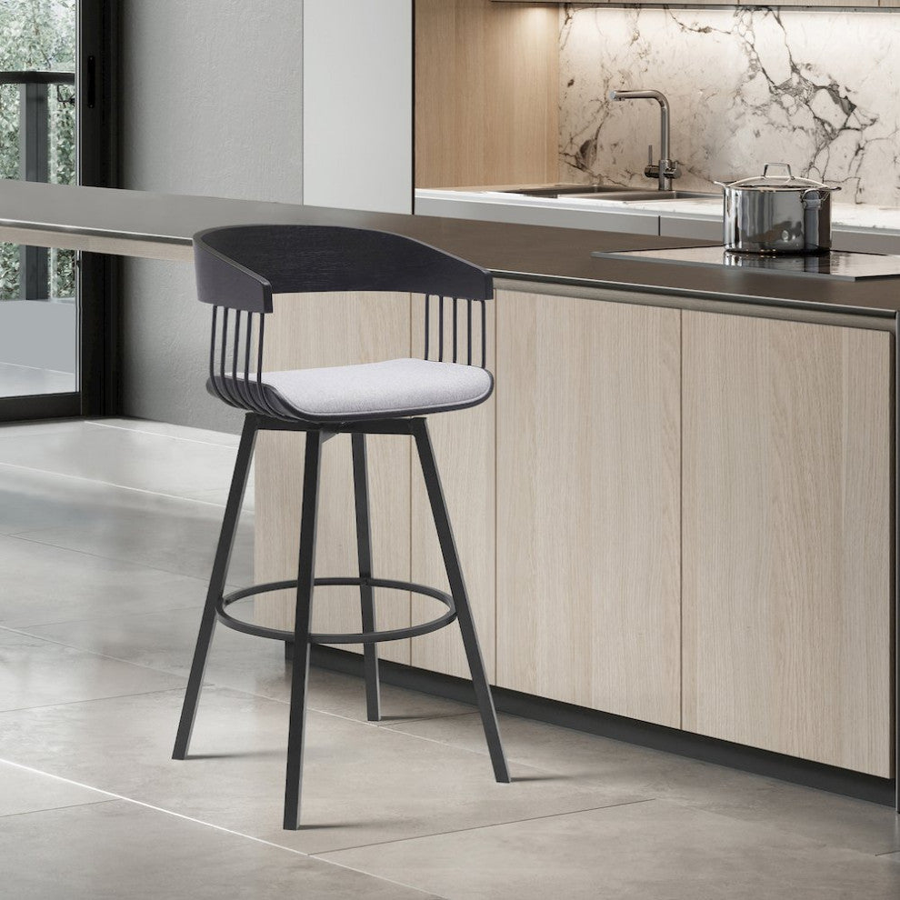 Athena Upholstered Wood Swivel Bar or Counter Stool with Black Metal