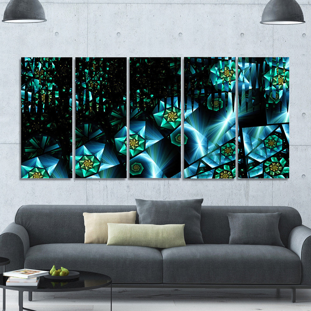 Bright Blue Fractal Flowery Sky, Abstract Wall Art Canvas, 60"x28", 5 Panels
