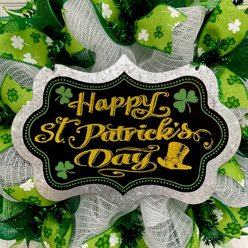 Happy St Patrick"™s Day With Hammered Metal Accent Handmade Deco Mesh Wreath