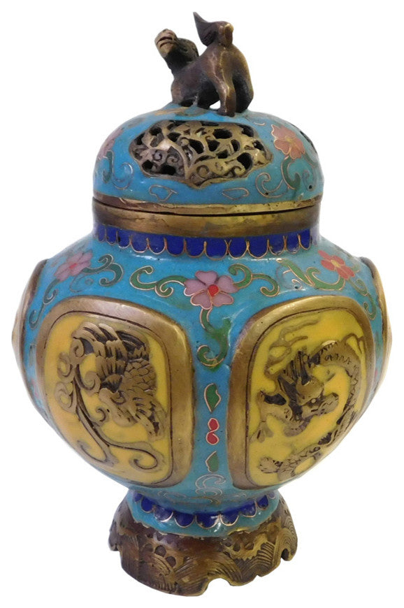 Chinese Metal Blue Yellow Enamel Cloisonne Incense Burner Figure