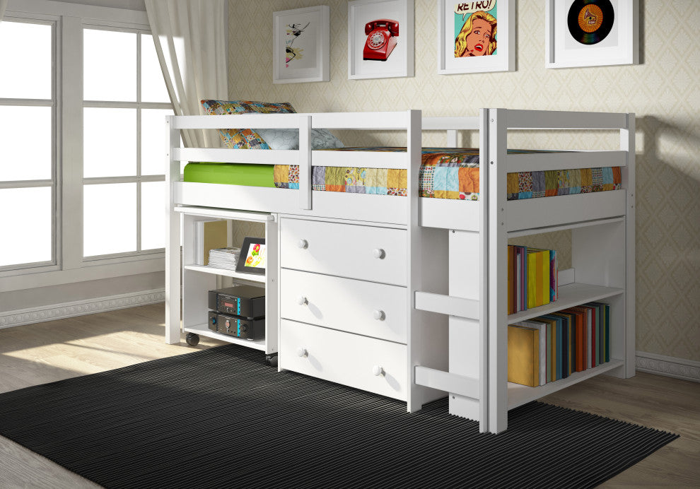Donco Kids Studying Student Low-Loft Bed, White, Twin