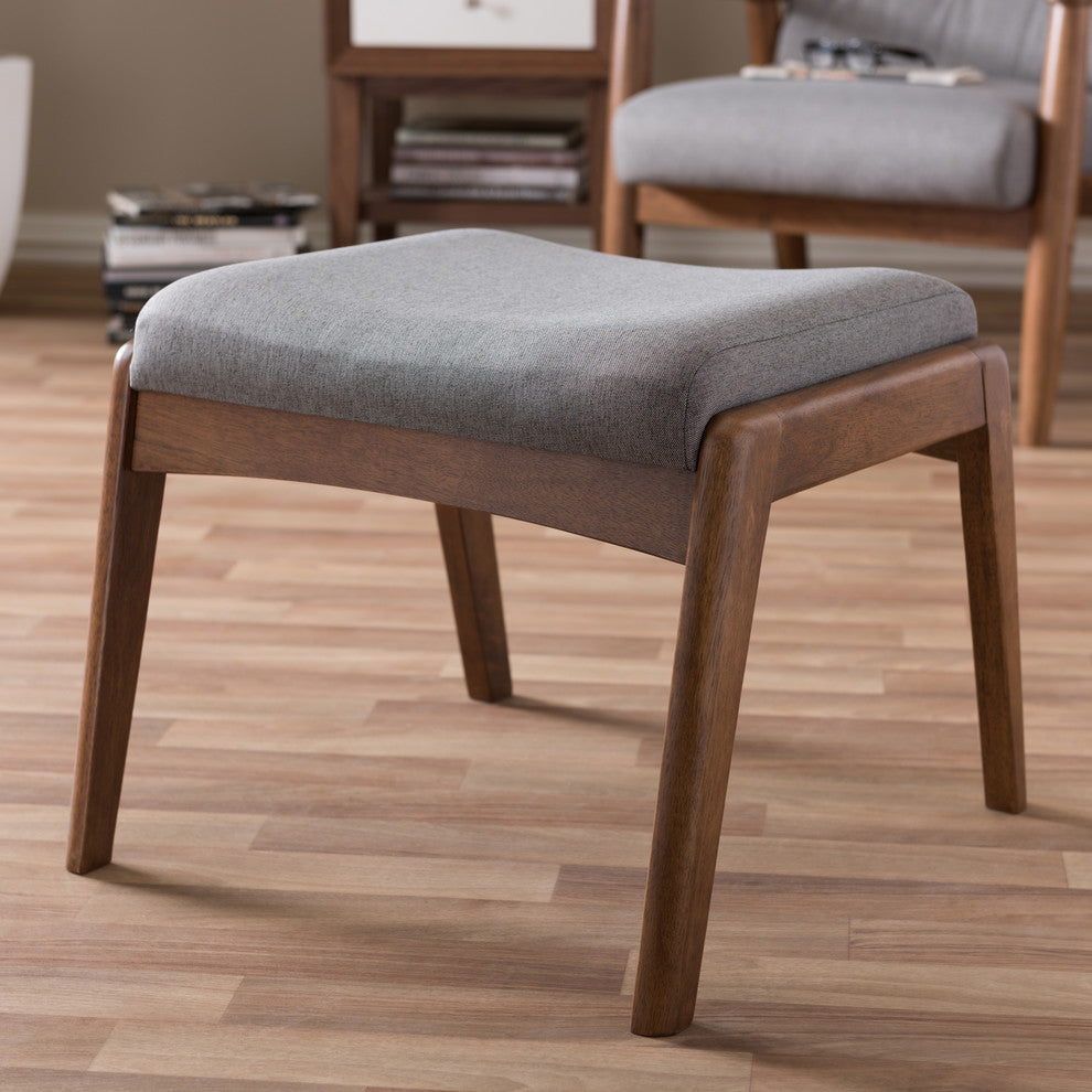 Roxy Walnut Wood Finishing and Gray Fabric Upholstered Ottoman