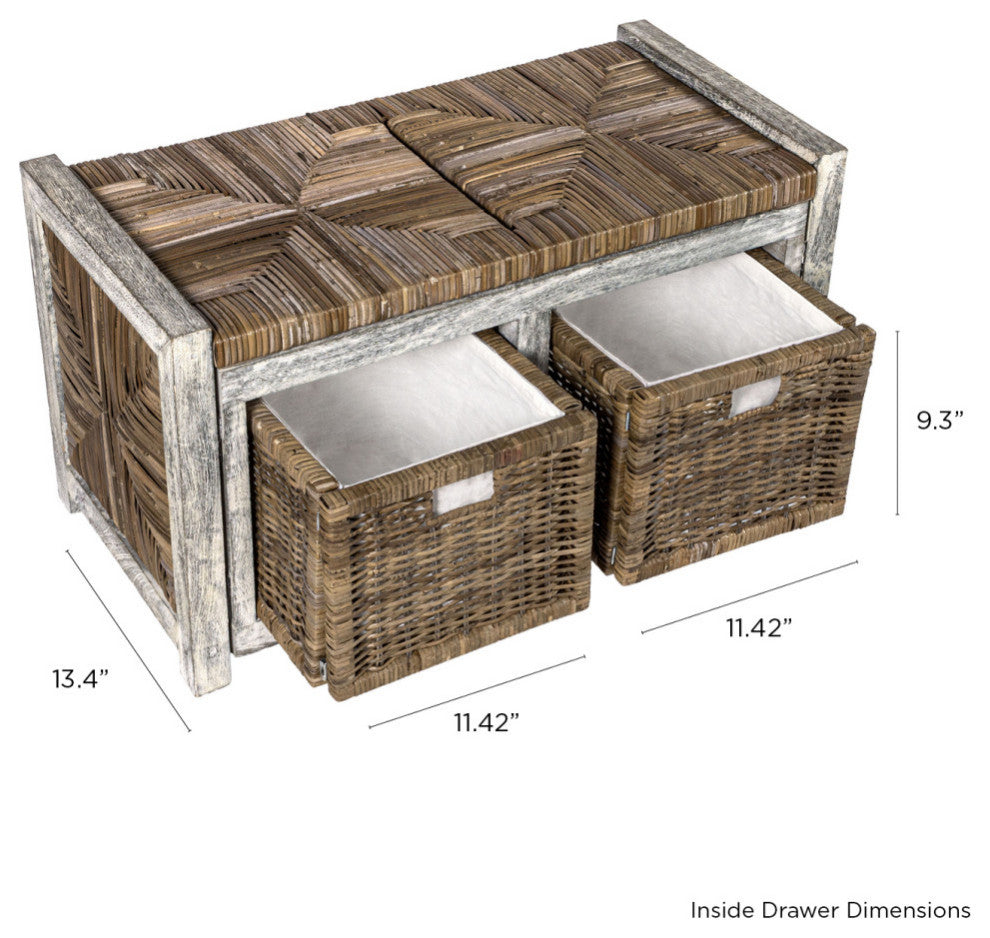 Happimess Rustic 30" 2 Drawer Wicker Storage Bench, Gray