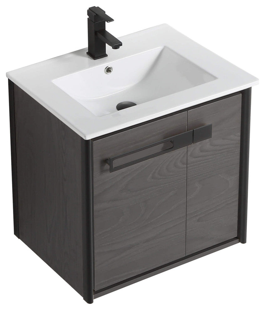 Oakville Wall Mount Bathroom Vanity, Black Coal Oak, 24", Black Hardware