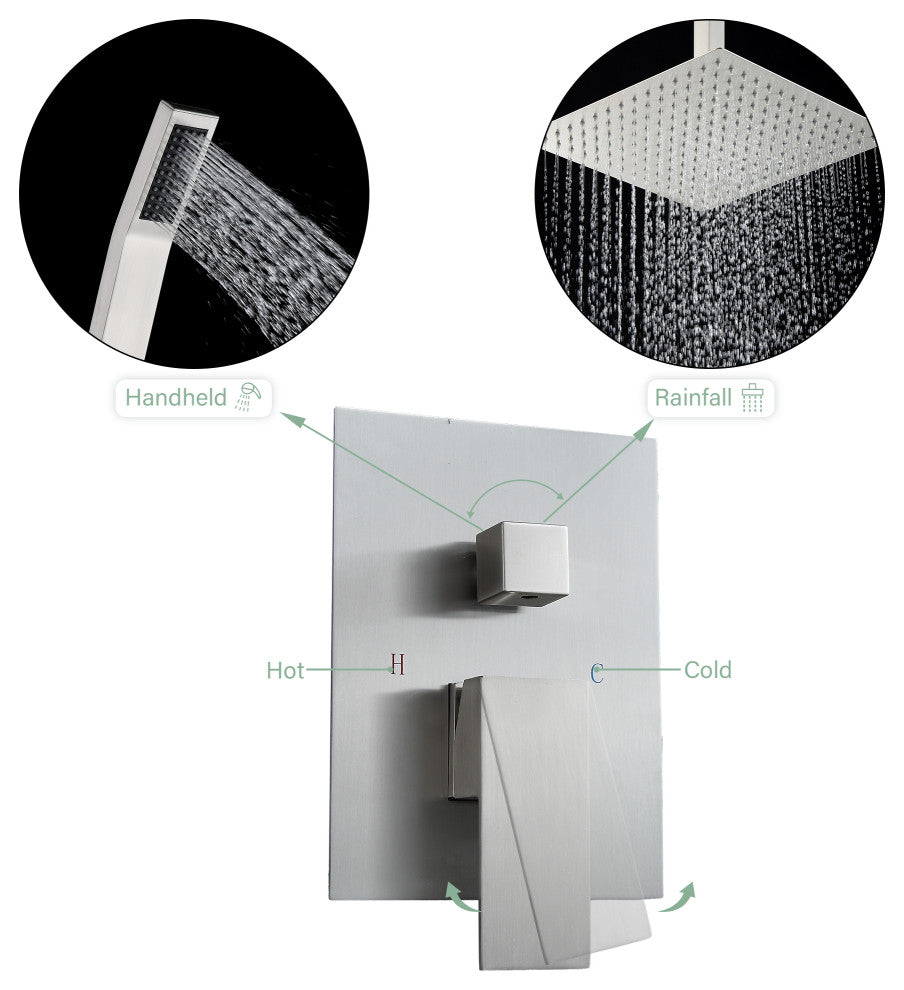 Concealed Ceiling Shower Head With Handheld Shower, Hose and Arm, Brushed Nickel