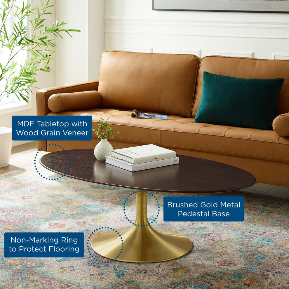 Coffee Table, Oval, Wood, Metal, Gold Dark Brown Brown Walnut, Modern, Lounge