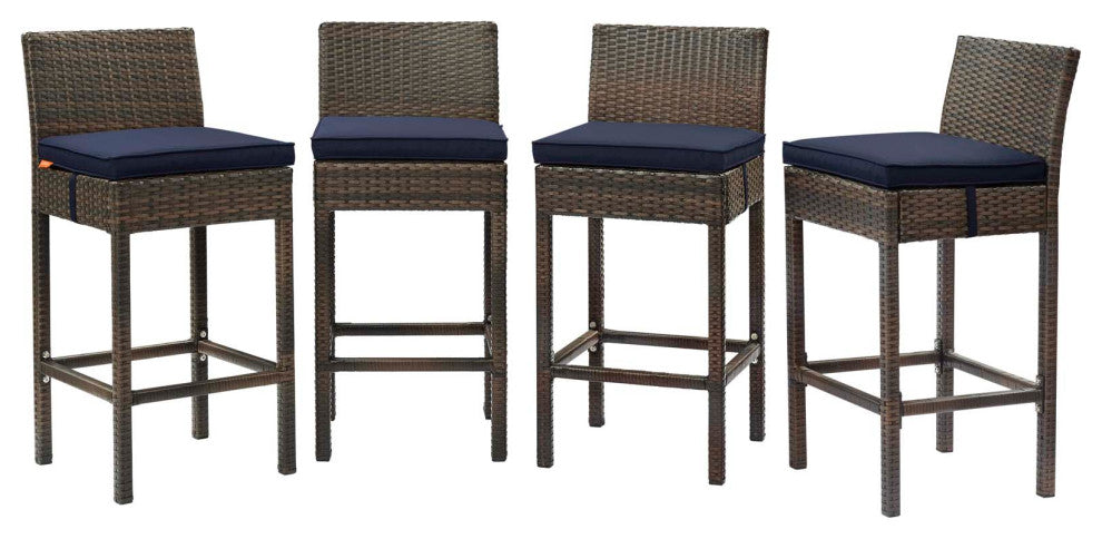Modern Outdoor Bar Stool Chair, Set of Four, Fabric Rattan, Brown Navy Blue